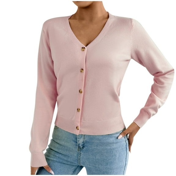 Button Sweaters for Women Winter Knit Open Front Crop Cardigan Sweaters Solid Long Sleeve V-Neck Pullover Shirts Tunic Tops