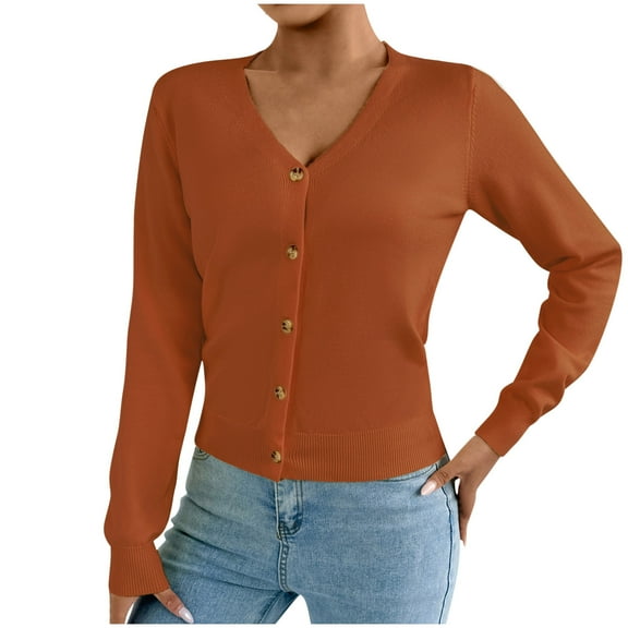 Button Sweaters for Women Winter Knit Open Front Crop Cardigan Sweaters Solid Long Sleeve V-Neck Pullover Shirts Tunic Tops
