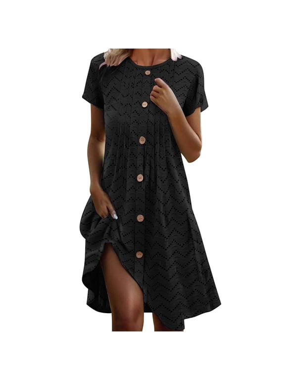 Button Down T Shirt Dress Hollow Out Floaty Dress Hollow Out Work Wedding Guest Sundress Ladies Short Sleeve Going Out Holiday Dresses Breathable Comfy Everyday Wear