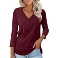 thumbnail image 1 of Button Tops for Women Casual Fit V Neck Fall Tshirts Shirts 3/4 Sleeve Comfort Cozy Wine Red Tunic Tee Clothing Size M, 1 of 8