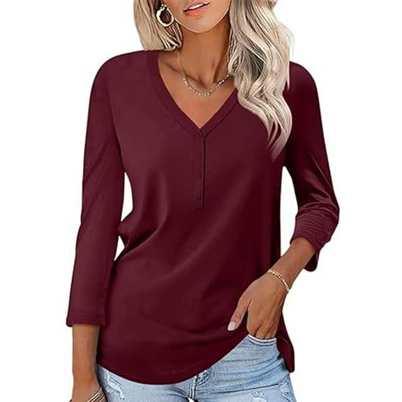 Button Tops for Women Casual Fit V Neck Fall Tshirts Shirts 3/4 Sleeve Comfort Cozy Wine Red Tunic Tee Clothing Size XL