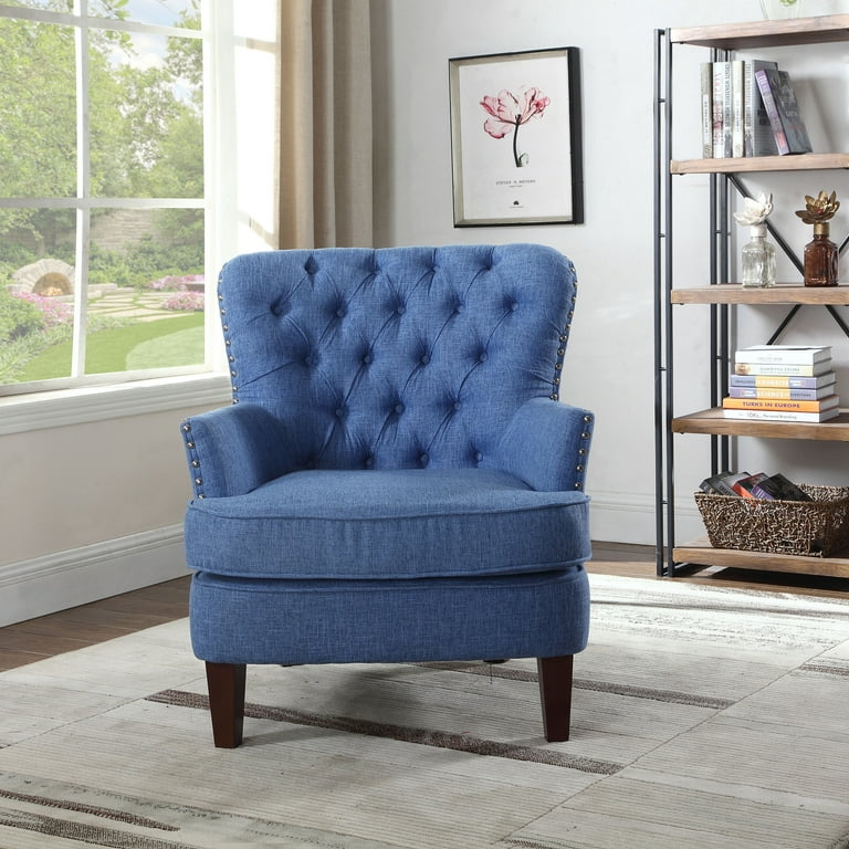 Button Tufted Accent Chair with Nailhead Blue Color Walmart