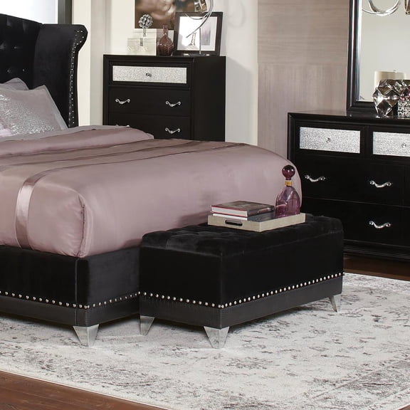 Button - Tufted Black Trunk with High - shine Legs / Spacious Compartment for Pillows