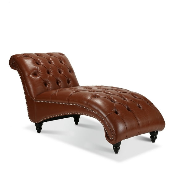 Chaise Lounge Indoor, PU Upholstered Leisure Accent Chair with Solid Wood Legs, Modern Button-Tufted Armless Sofa Couch Recliner Sleeper Chair for Home Living Room Bedroom Office, Brown