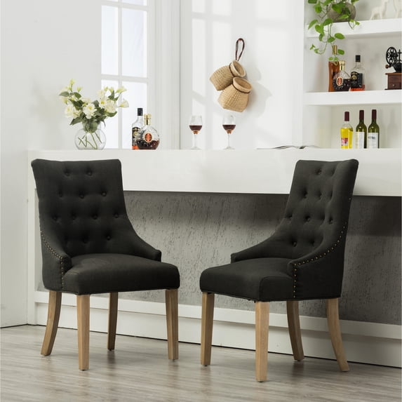 Button Tufted Charcoal Solid Wood Wingback Chairs with Nail Heads Set of 2 / Create Stylish Dining Setting