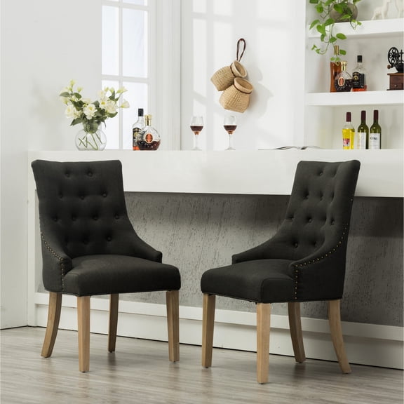 Button Tufted Charcoal Solid Wood Wingback Chairs with Nail Heads Set of 2 / Create Stylish Dining Setting