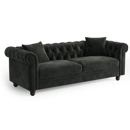 82" Chesterfield Sofa, Velvet Couch with Rolled Arms, 2 Throw Pillows, Black