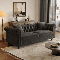 82" Chesterfield Sofa, Velvet Couch with Rolled Arms, 2 Throw Pillows, Black