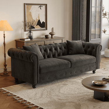 82" Chesterfield Sofa, Velvet Couch with Rolled Arms, 2 Throw Pillows, Black