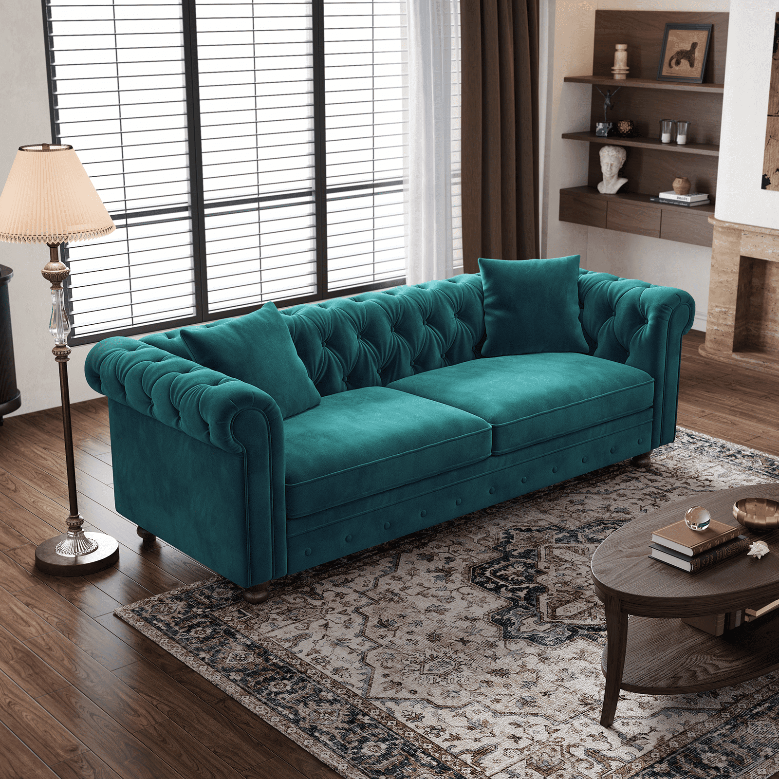 82" Chesterfield Sofa, Velvet Couch with Rolled Arms, 2 Throw Pillows ...