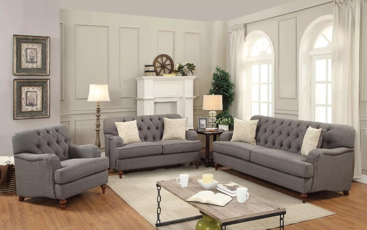 Button Tufted Dark Grey Fabric Sofa Set 3Pcs Acme Furniture