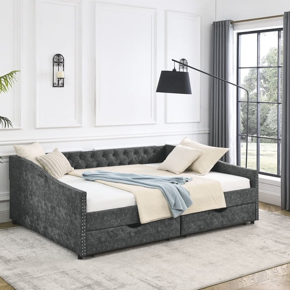 Button Tufted Elegance & Cozy Foam Padding - Queen Daybed with Storage Drawers