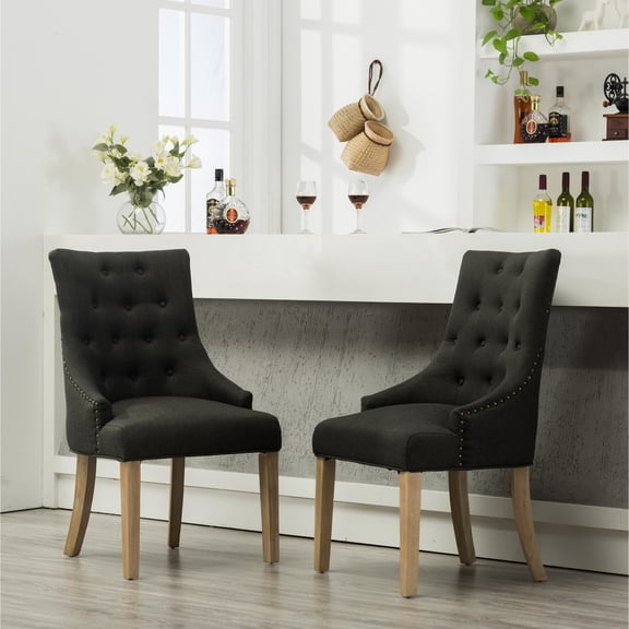 Linen - Look & Wingback - Charcoal Button Tufted Hostess Chairs Set of 2 for Dining Room