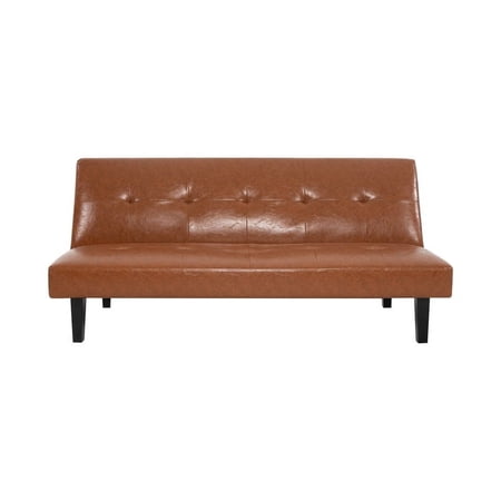 Button Tufted Futon Sofa Bed, Faux Leather Futon Couch, Modern Convertible Folding Sofa Bed Couch with Wooden Legs Caramel