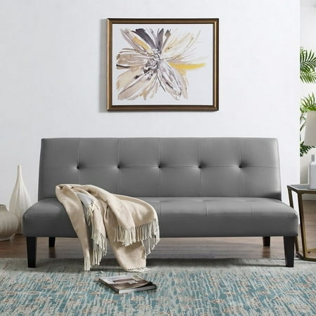 Button Tufted Futon Sofa Bed, Faux Leather Futon Couch, Modern Convertible Folding Sofa Bed Couch with Wooden Legs Grey