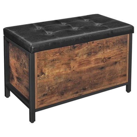 Benjara 32 Inch Industrial Button Tufted Flip Top Storage Bench, Vegan Faux Leather, Black, Rustic Brown