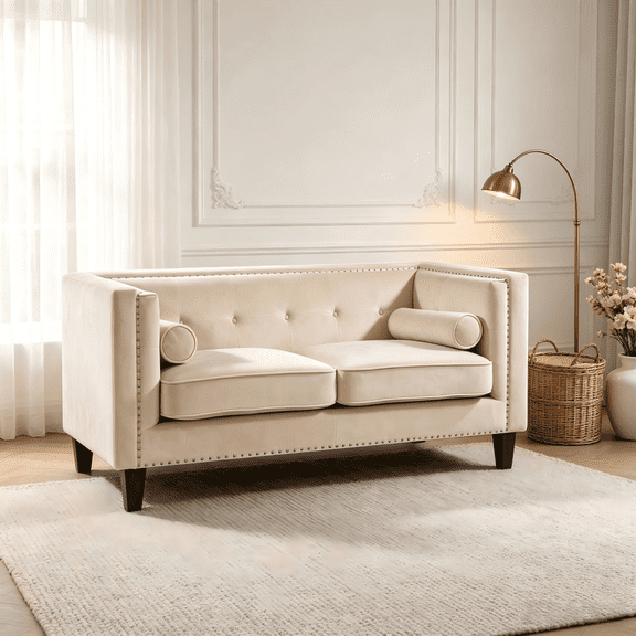 Button Tufted Loveseat, Modern Square Arm Velvet Loveseat Sofa with Nailhead Trim, Solid Wood Frame Upholstered 2-Seater Couch with Bolster Pillows for Living Room