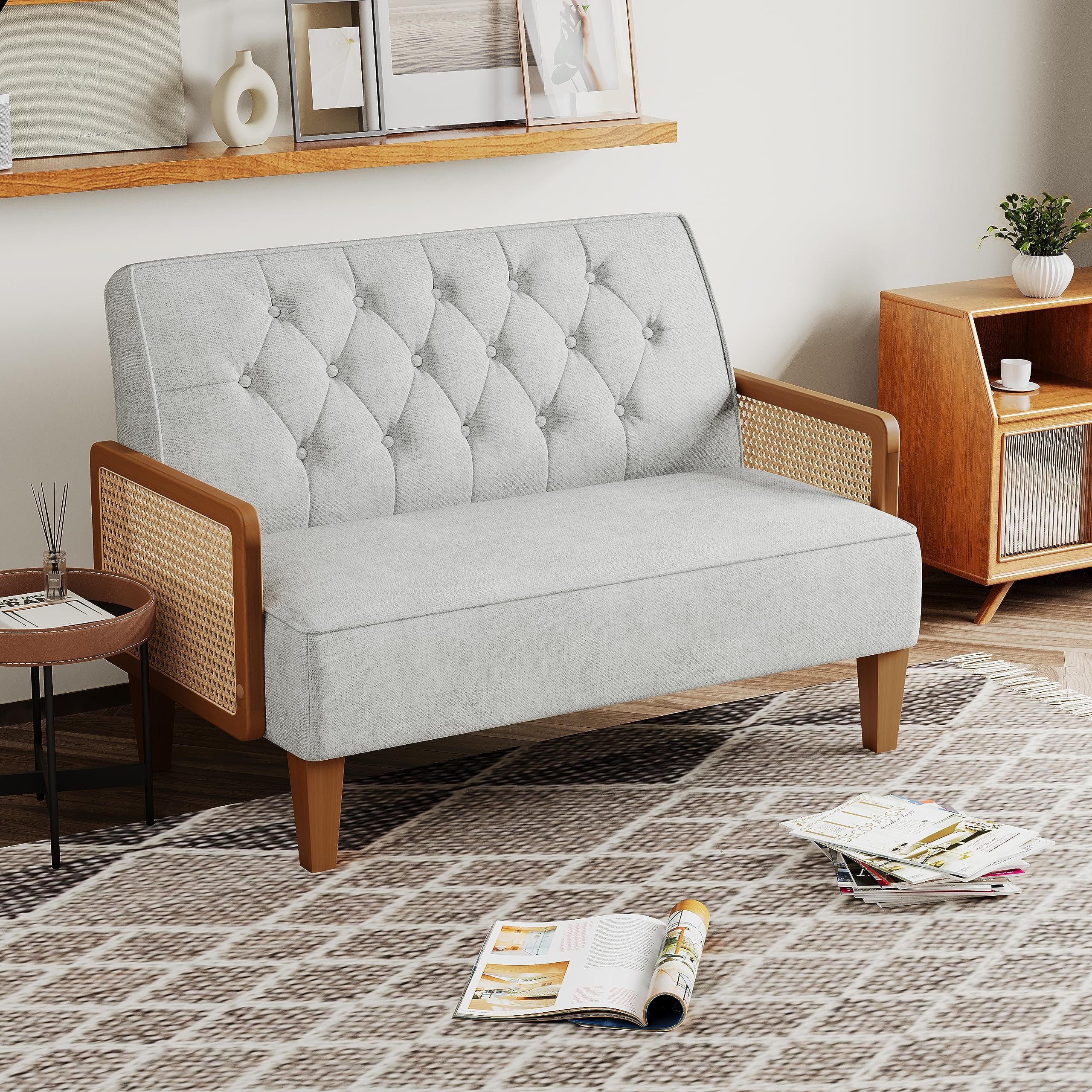 Button Tufted Loveseat Settee Upholstered Sofa with Natural Rattan ...