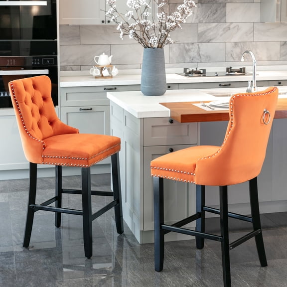 Button Tufted Orange Barstools with Steel Spring Inner for Rebound Comfort in Dining Room Set of 2