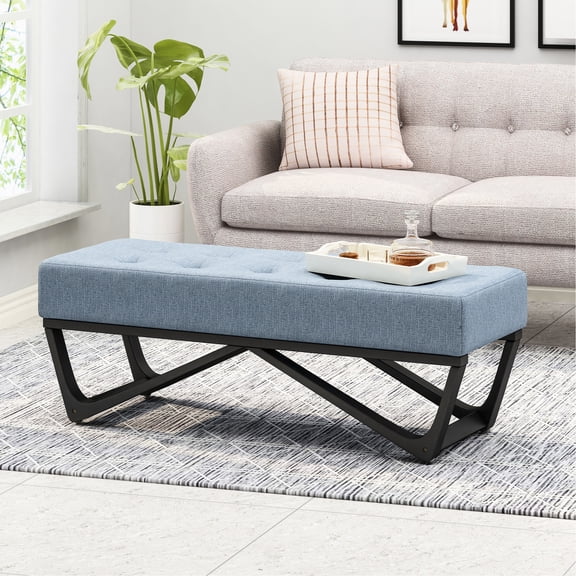 Button - Tufted Ottoman Bench | Bring Elegance to Your Living Space | Bentwood Design and Black Geometric Base | Overcome the Boredom of Simple Seating