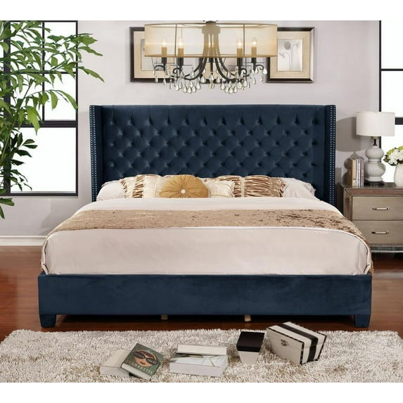 Button Tufted Panel Bed Headboard, Queen Purple