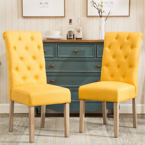 Button Tufted Parsons Chairs / Create Cozy Dining Space with 2 Yellow Ones
