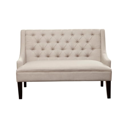 Button Tufted Rubberwood Bench with Polyester Upholstery, Light Gray