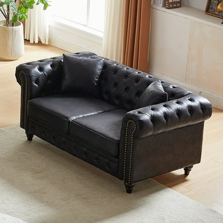 Button-Tufted Sofa with 2 Pillows / Comfortable Seating in Living Room