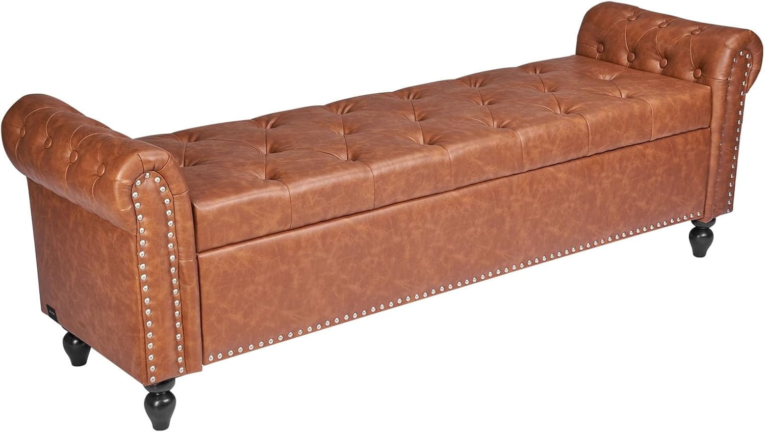 Button Down Bench Button-Tufted Storage Bench Rolled Arm PU Leather Bench with Solid Wood ...