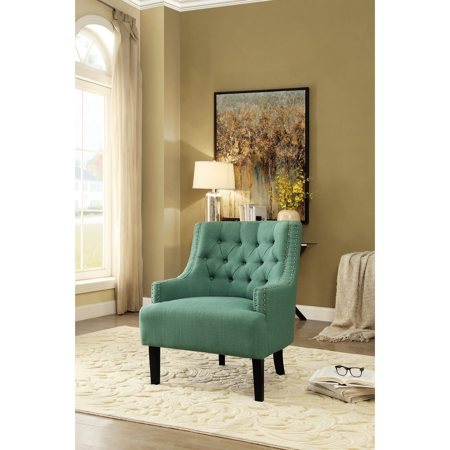 View of Button-Tufted Teal Textured Accent Chair for Living Room | Exposed Wood ...