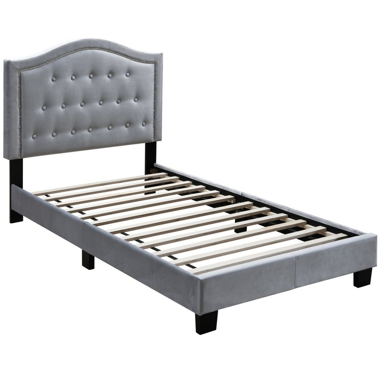 Button Tufted Twin Velvet Bed with Curved Headboard in Gray