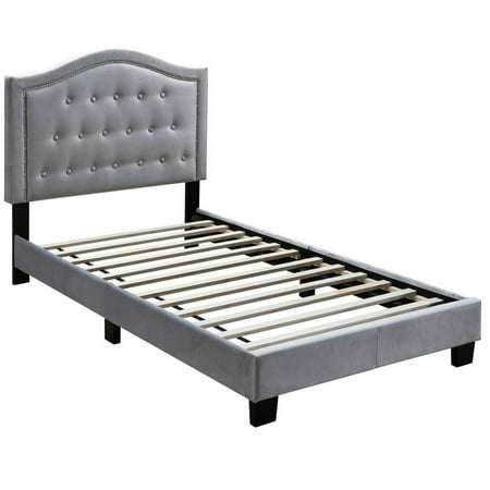 Button Tufted Twin Velvet Bed with Curved Headboard in Gray