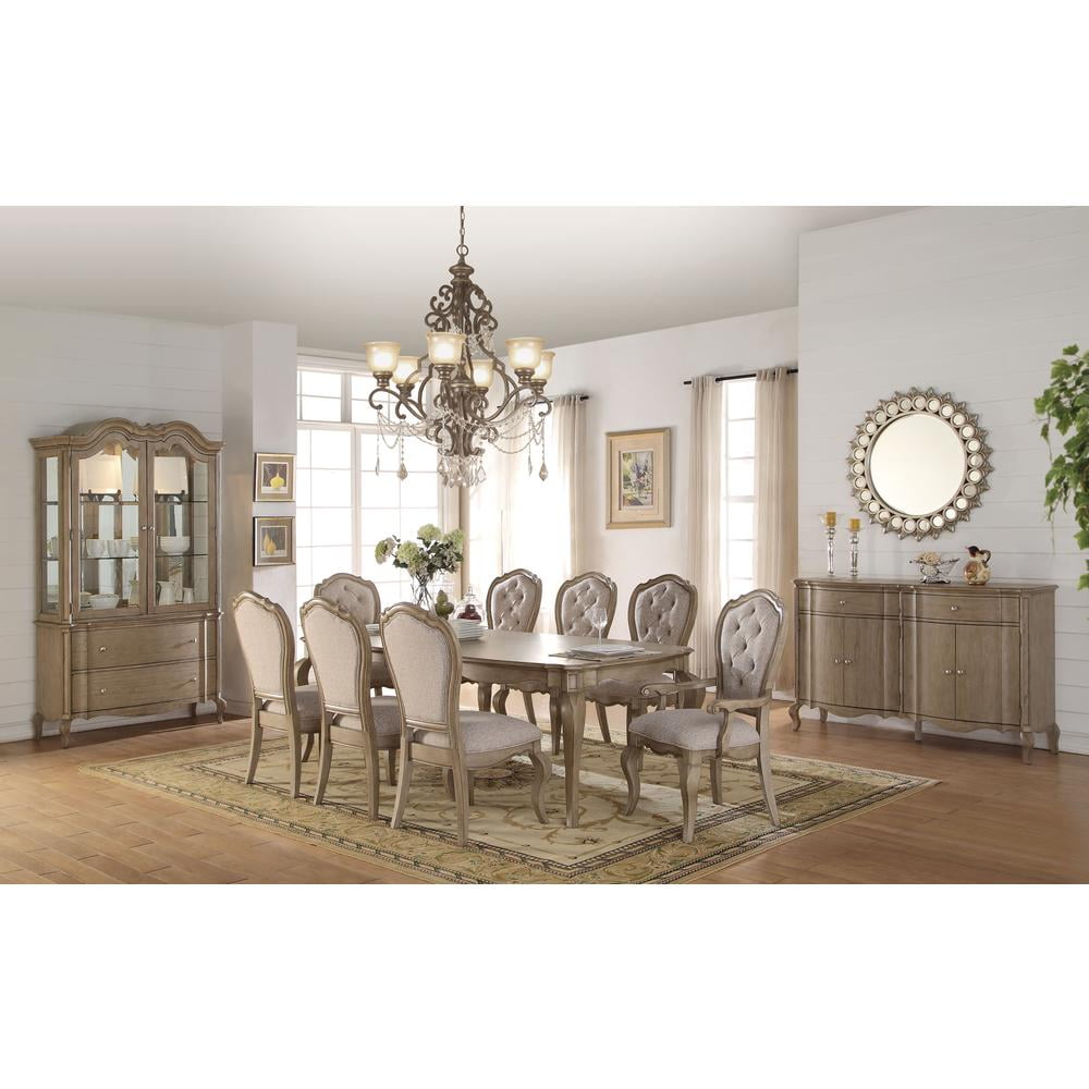 Antique Taupe Upholstered Side Chair with Beige Fabric, Set of 2
