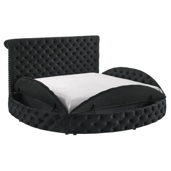Button Tufted Upholstered Platform Bed with Storage, Queen Round Velvet Bed Frame, Hidden Compartment, Black