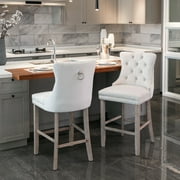 Button Tufted Upholstered Velvet Bar Stools with High Backrest, Solid Wood Legs, and Rivet Detailing, Beige, Set of 2