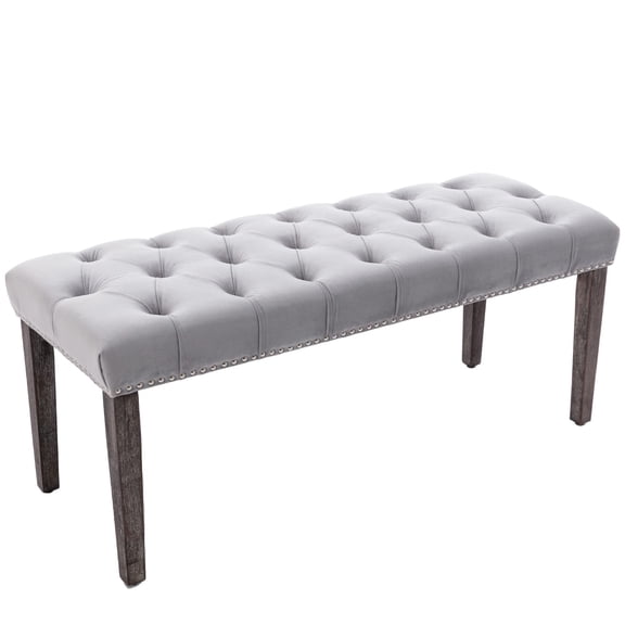 Button-Tufted Velvet Ottoman Bench, Nailhead Trim Stool with Wood Legs, Accent Bench for Bedroom Entryway Dining Living Room Bed End, Light Gray