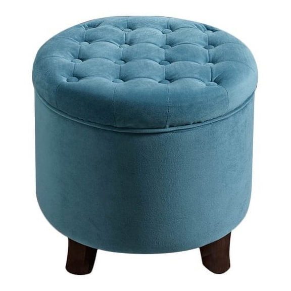 Button Tufted Velvet Upholstered Wooden Ottoman with Hidden Storage Blue and Brown- Saltoro Sherpi