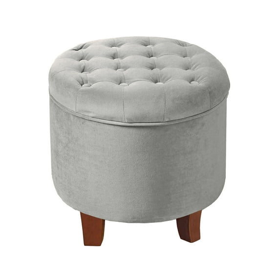 Button Tufted Velvet Upholstered Wooden Ottoman with Hidden Storage Light Gray and Brown - Saltoro Sherpi