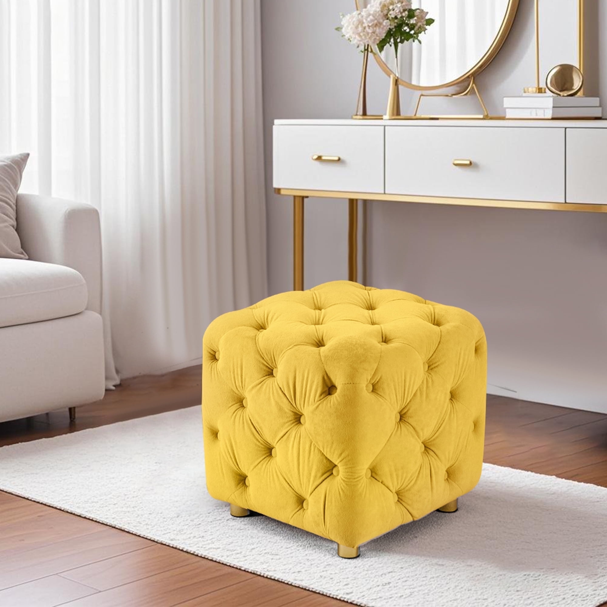 LEHZROAJ Button Tufted Velvet Vanity Stool with Metal Legs, Modern Makeup Ottoman, Upholstered Foot Rest Footstool for Living Room Bedroom（Yellow）