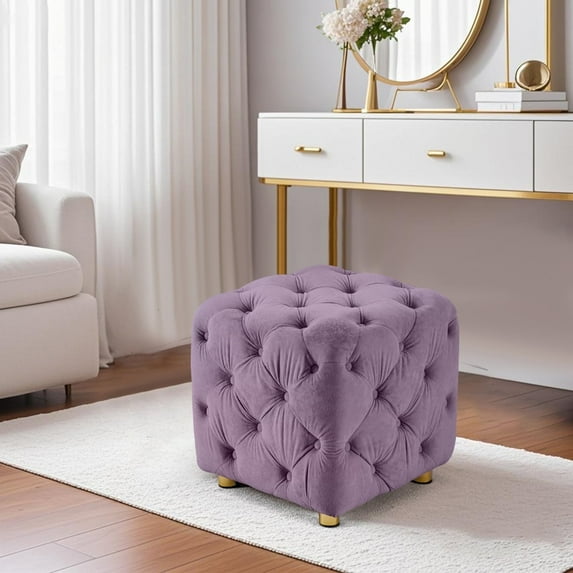 LEHZROAJ Button Tufted Velvet Vanity Stool with Metal Legs, Modern Makeup Ottoman, Upholstered Foot Rest Footstool for Living Room Bedroom(Purple)