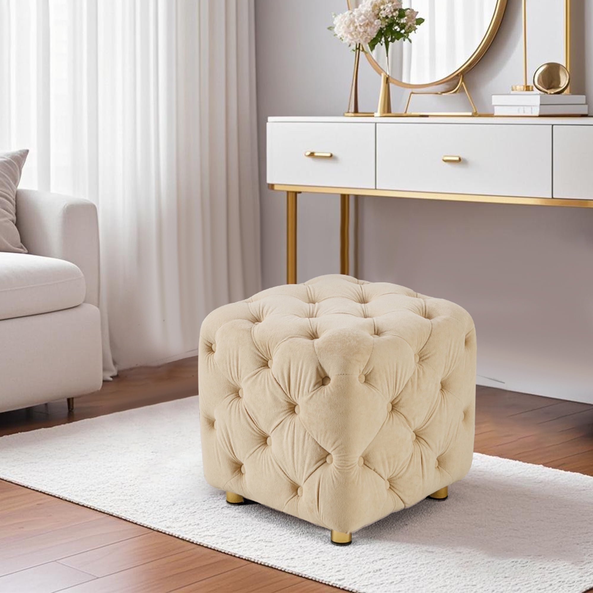 LEHZROAJ Button Tufted Velvet Vanity Stool with Metal Legs, Modern Makeup Ottoman, Upholstered Foot Rest Footstool for Living Room Bedroom （Beige）