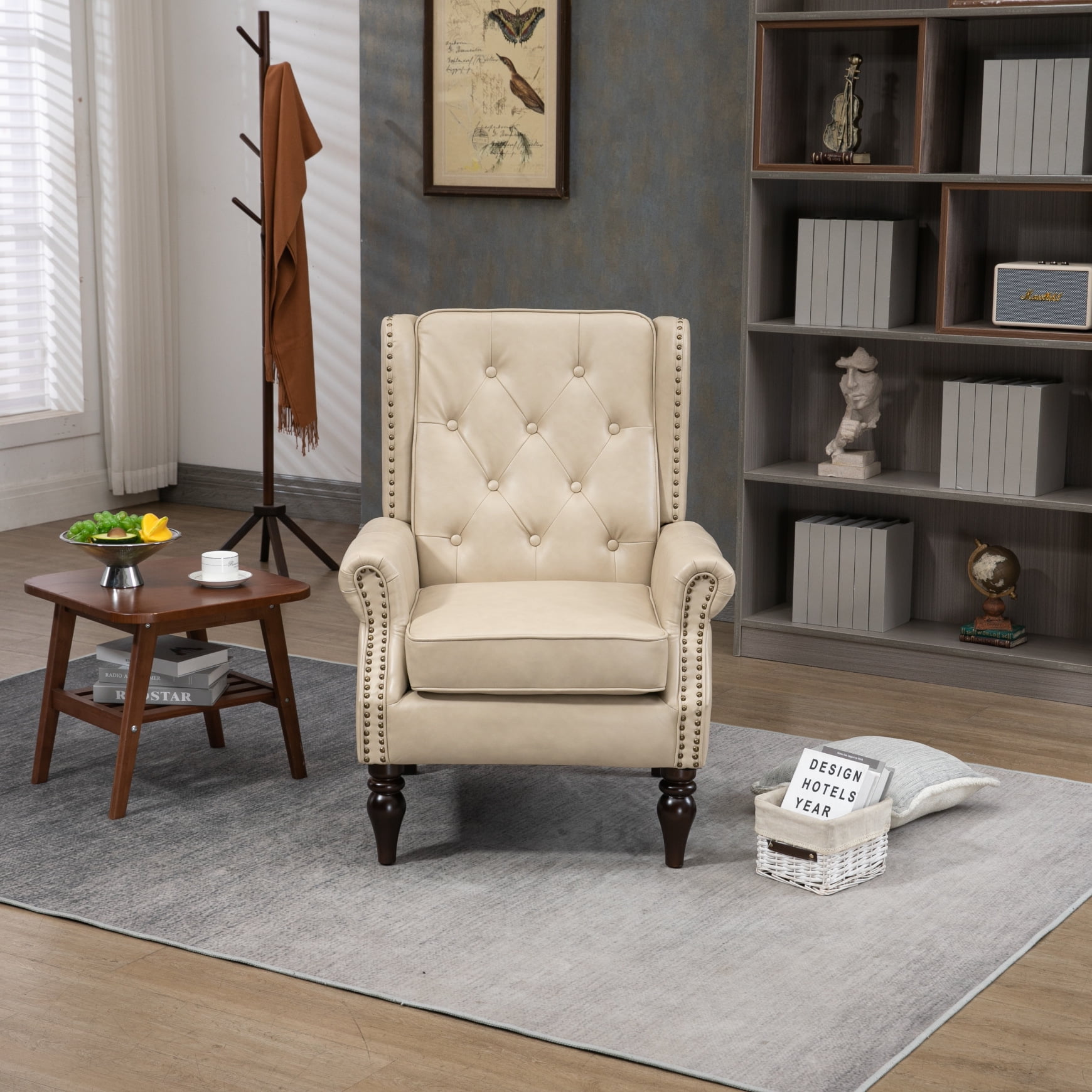 Button Tufted Wing Back Accent Chair PU Leather Thick Upholstered Armchair with Rivet Trim and Rubber Wood Legs Single Sofa Chair Reading Chair for Living Room Bedroom Office Camel PU Walmart