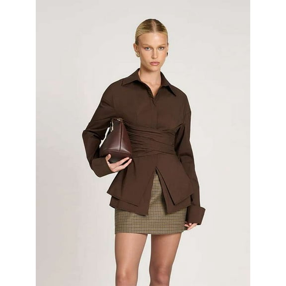 Button-Up Blouse with Peplum Detail (M, Brown)