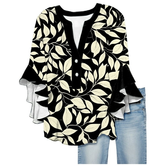 Button Up Blouses for Women Floral Print Shirts 3/4 Sleeve V Neck Pleated Front Blouse T-shirts Summer Casual Tops