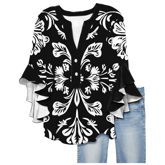 Button Up Blouses for Women Floral Print Shirts 3/4 Sleeve V Neck Pleated Front Blouse T-shirts Summer Casual Tops