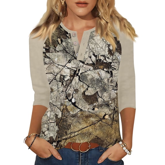 Button Up Camo Shirt Women Dressy Casual 3/4 Sleeve Tunic Tops Color Block V Neck Blouse T-Shirts