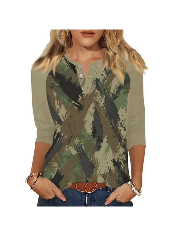 Button Up Camo Shirt Women Dressy Casual 3/20 Sleeve Tunic Tops Color Block V Neck Blouse T-Shirts