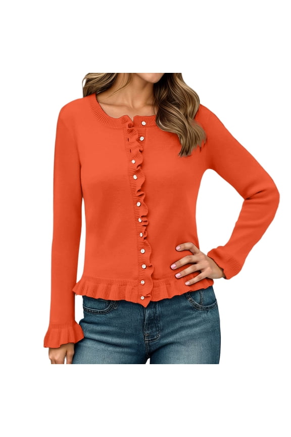 Button Up Cardigans Women Women Cardigan Knit Sweater Open Front Layered Lace Trim Long Sleeve Casual Cardigan Women Orange S