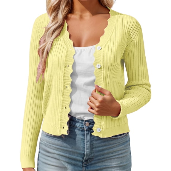 Button Up Cardigans Women Women Crop Knit Cardigan Scallop Collar V Neck Design Long Sleeve Cardigan Women Yellow XL