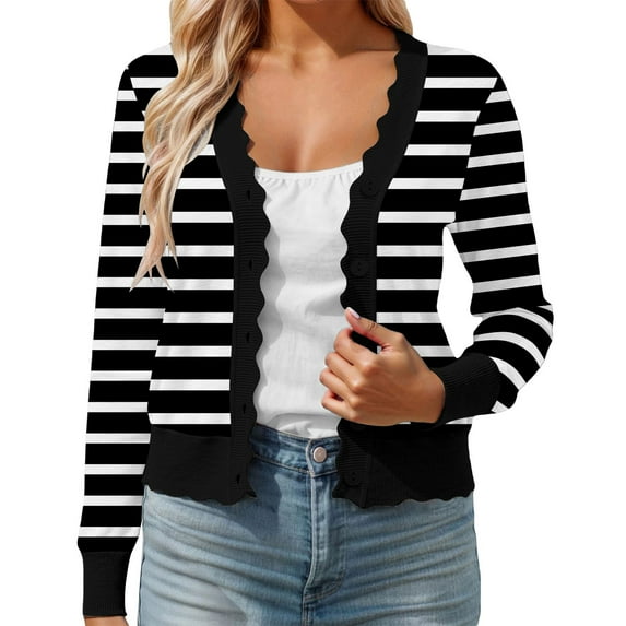 Button Up Cardigans Women Women Striped Crop Button Up Cardigan Long Sleeve V Neck Cardigan Cardigan Women Black M